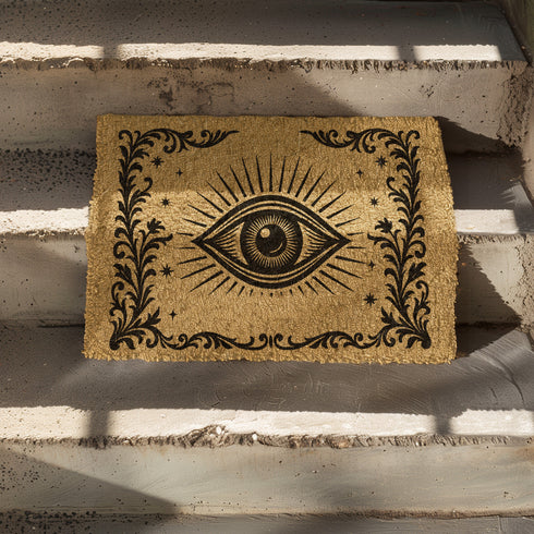 A 24x16 inch rectangular outdoor doormat made of eco-friendly coconut coir with a black vinyl backing. The mat features a central evil eye design radiating with detailed rays and surrounded by swirling ornamental scrollwork and small stars. Designed for witchy home entryways, it offers protection and style for porches, patios, and thresholds.